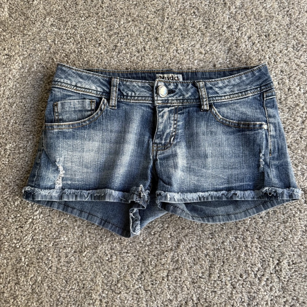 Mudd Denim Cutoff Shorts Womens 5 Blue Distressed Sequin Pockets Summer Casual